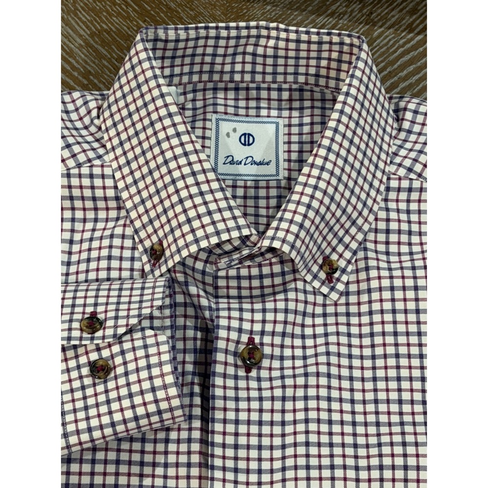 David Donahue Mens Large Cotton Check Button Down Shirt Burgundy Navy Blue White